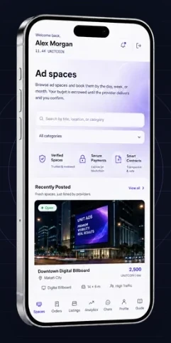 Unit Ads on mobile in dark mode: the ad-space catalogue showing a listing for a downtown digital billboard.