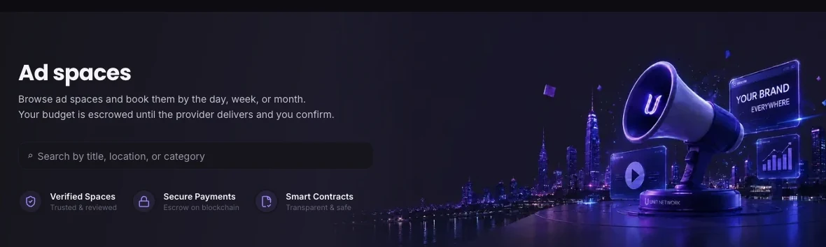 The Unit Ads catalogue in dark mode, with the same heading, description and search field, plus the Verified Spaces, Secure Payments and Smart Contracts marks.
